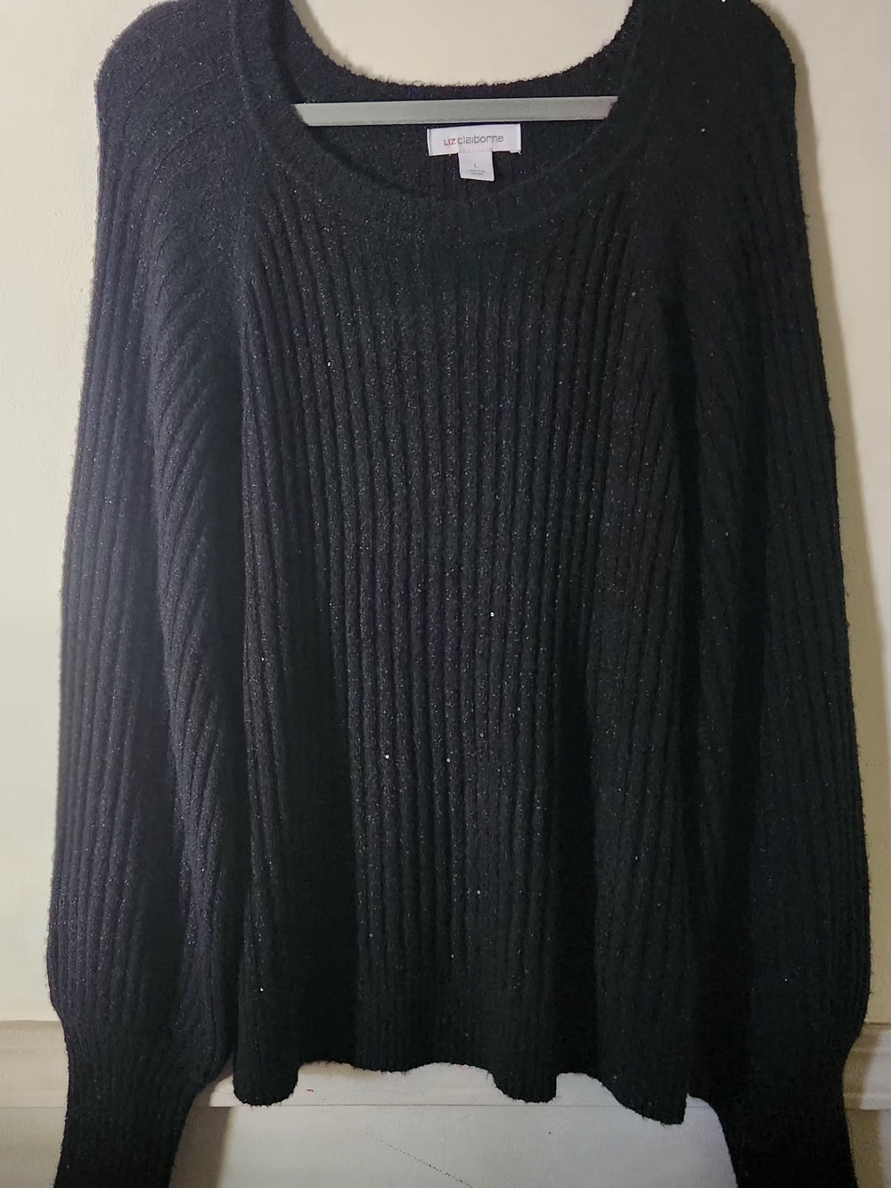 Liz Claiborne Black Ribbed Scoop-Neck Sweater with Subtle Sparkle